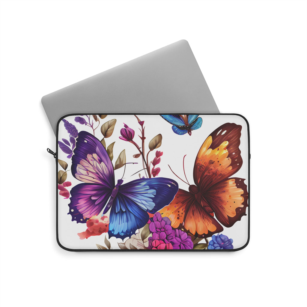 Butterfly Floral Laptop Sleeve — Vibrant Blue & Orange Butterflies, Protective Neoprene Cover