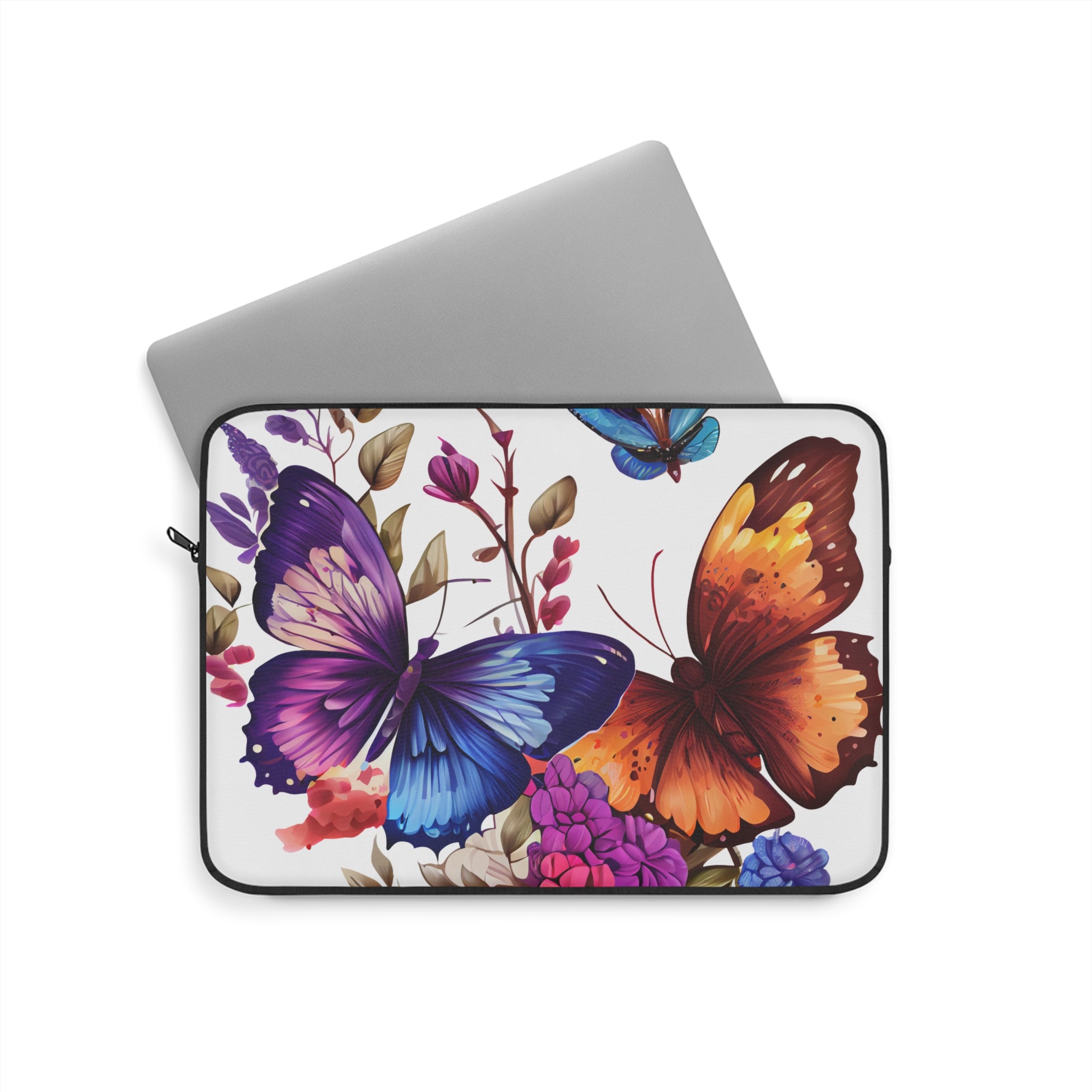 Butterfly Floral Laptop Sleeve — Vibrant Blue & Orange Butterflies, Protective Neoprene Cover