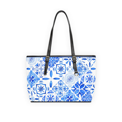 Blue Santorini Inspired Pattern Tote Bag – PU Leather Shoulder Tote with Mediterranean Mosaic Design