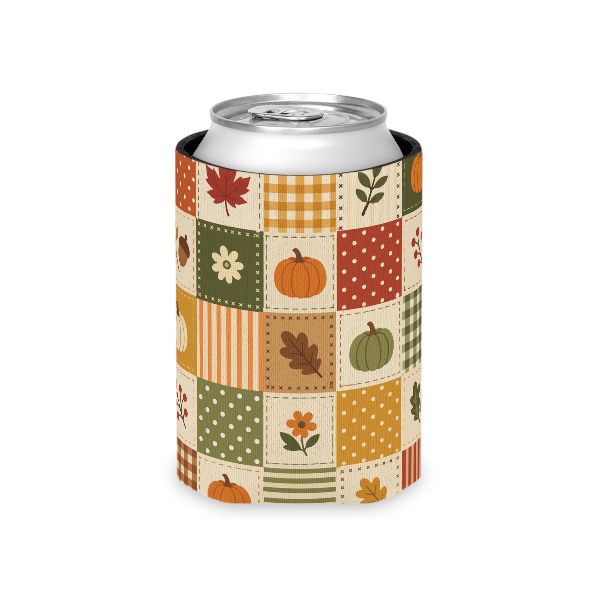 Orange Pumpkin Patchwork Halloween Can Cooler –Fall Autumn Halloween