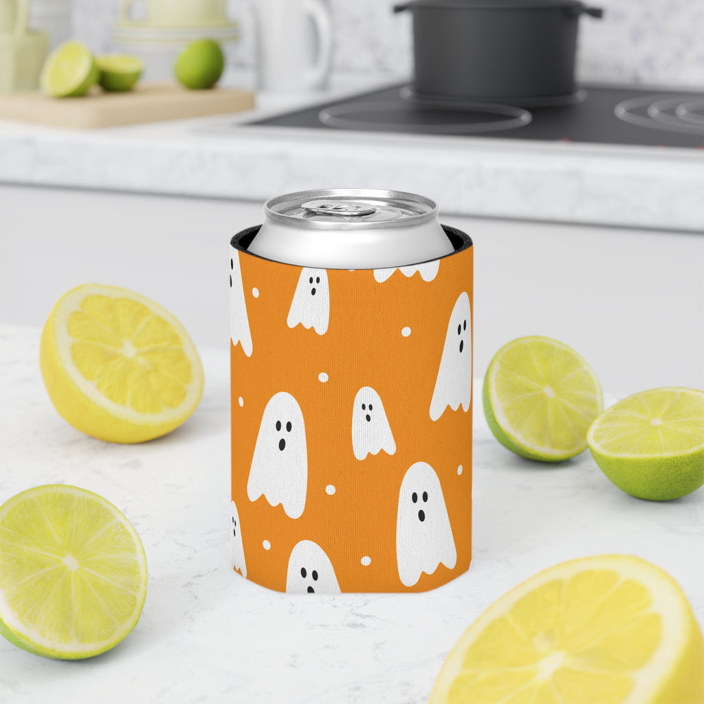 Orange White Ghost Halloween Can Cooler –Fall Autumn Halloween