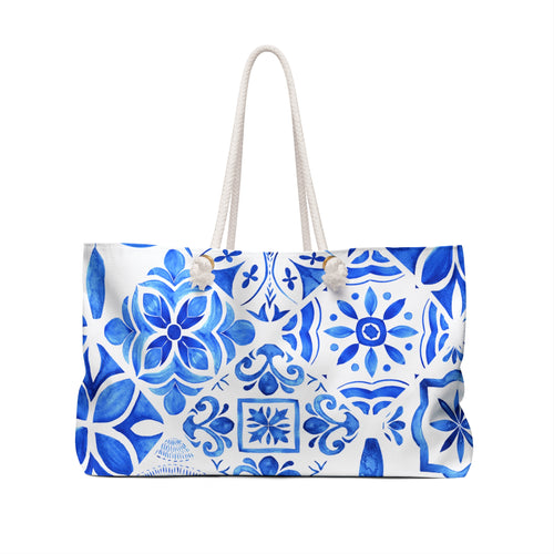 Blue Mediterranean Tile Weekender Bag — Large Travel or Beach Tote