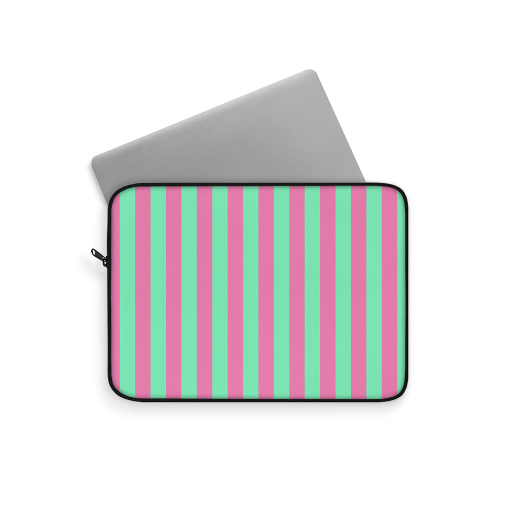 Pink Green Pinstripe Laptop Sleeve - Protective Neoprene Cover