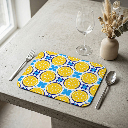 Blue Yellow Lemon Mediterranean Style Leather Placemat - Table Decor