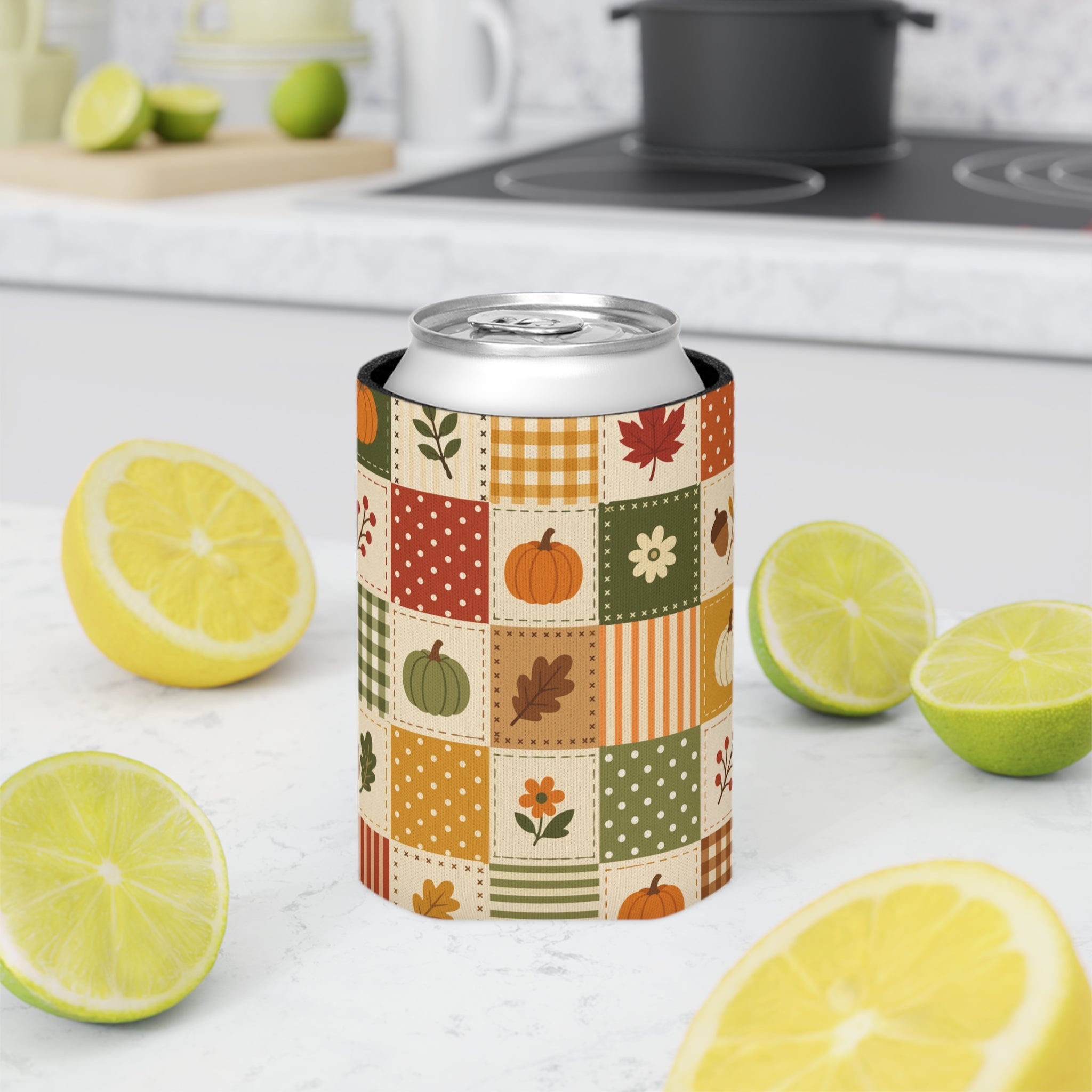 Orange Pumpkin Patchwork Halloween Can Cooler –Fall Autumn Beverage
