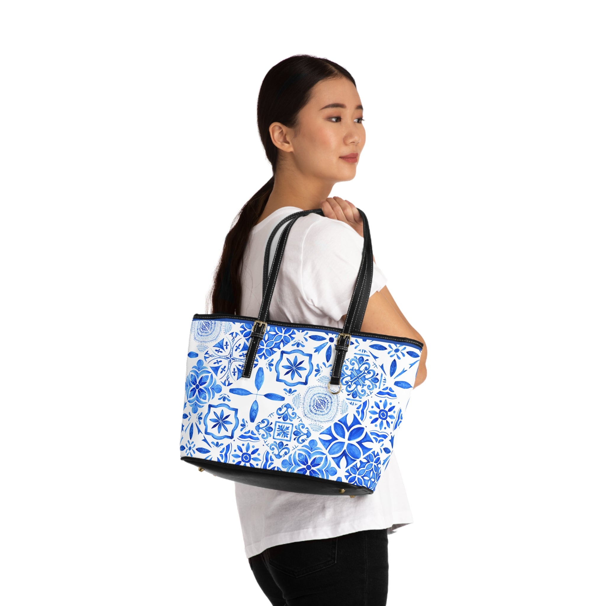 Blue Santorini Inspired Pattern Tote Bag – PU Leather Shoulder Tote with Mediterranean Mosaic Design