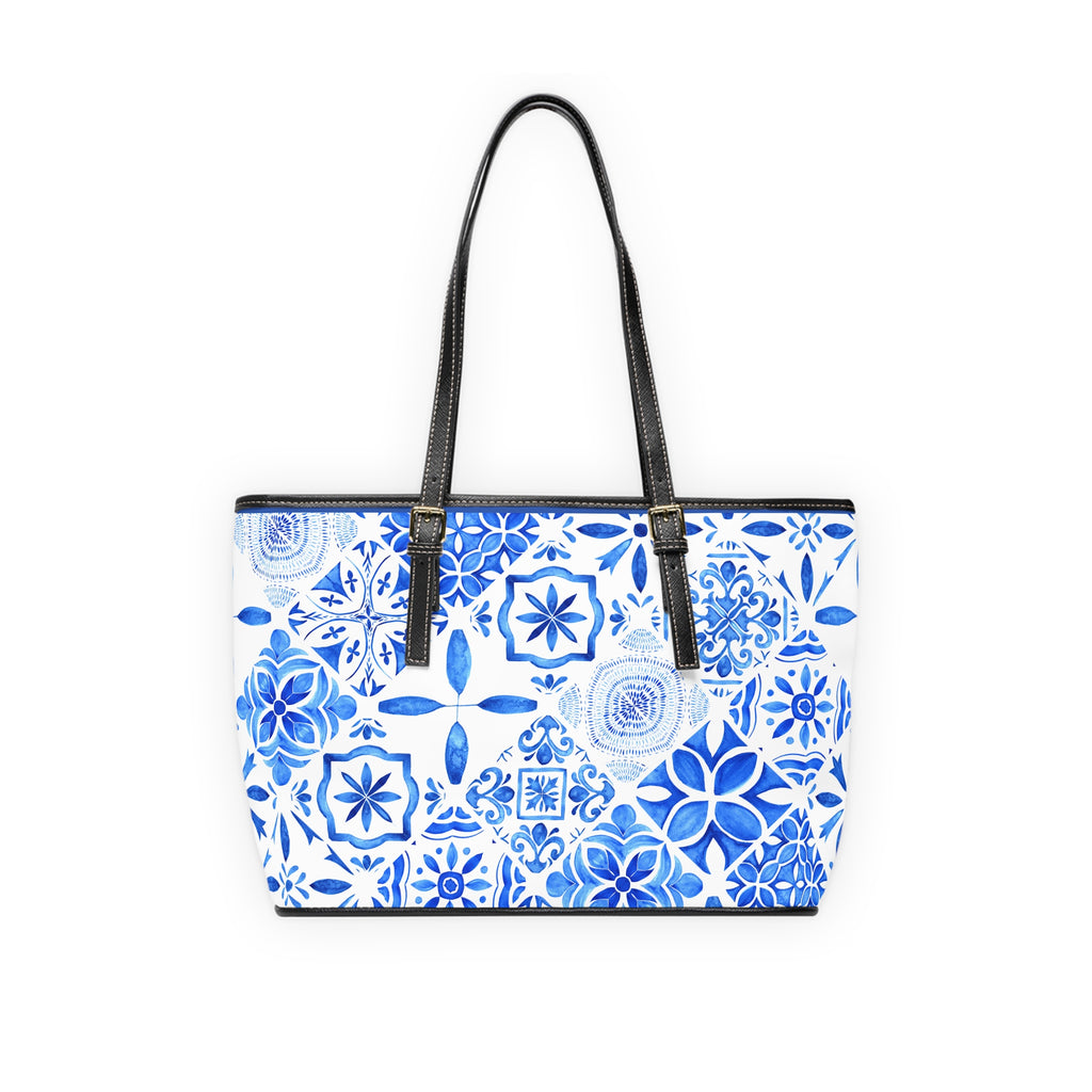 Blue Santorini Inspired Pattern Tote Bag – PU Leather Shoulder Tote with Mediterranean Mosaic Design
