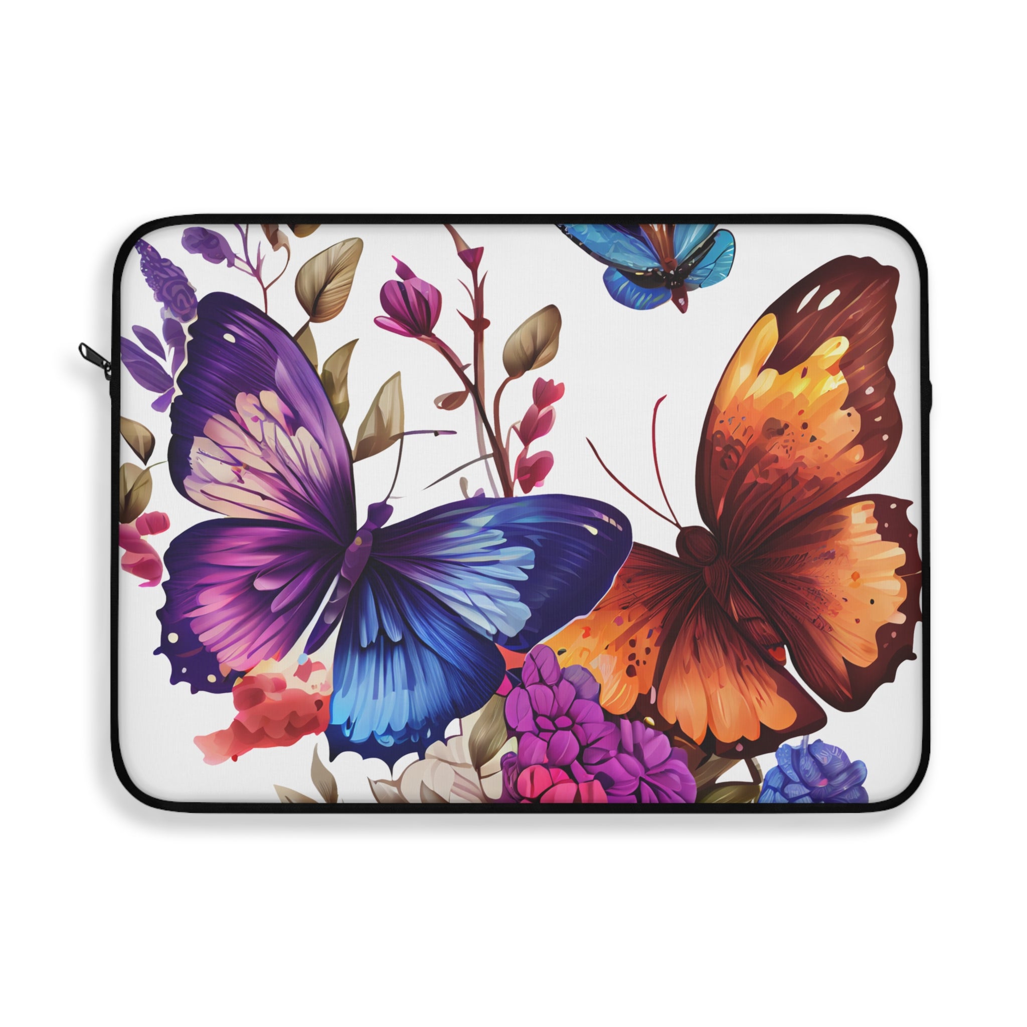 Butterfly Floral Laptop Sleeve — Vibrant Blue & Orange Butterflies, Protective Neoprene Cover