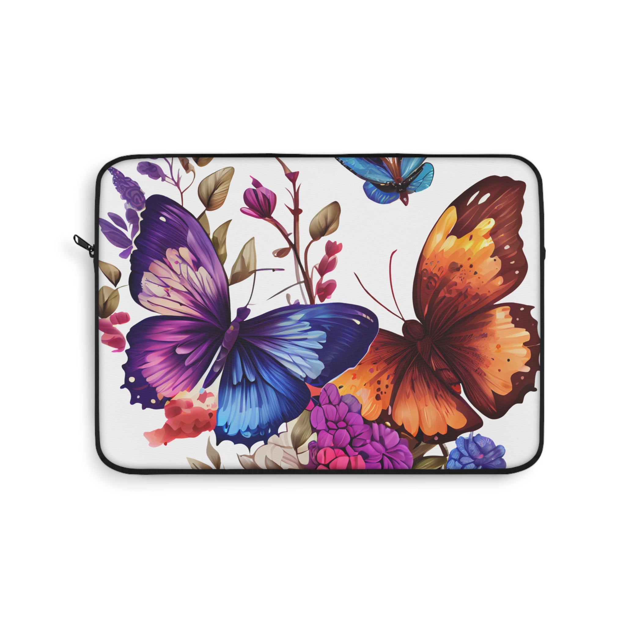 Butterfly Floral Laptop Sleeve — Vibrant Blue & Orange Butterflies, Protective Neoprene Cover