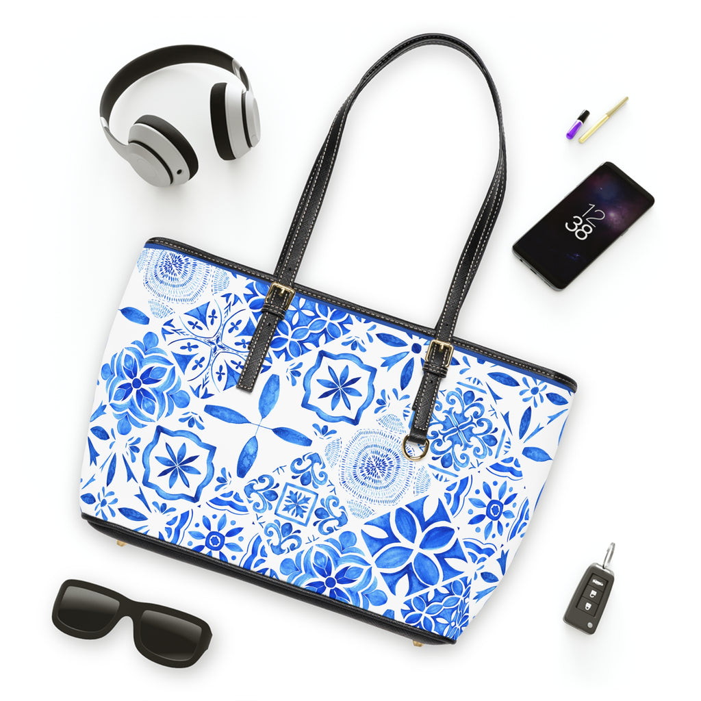 Blue Santorini Inspired Pattern Tote Bag – PU Leather Shoulder Tote with Mediterranean Mosaic Design