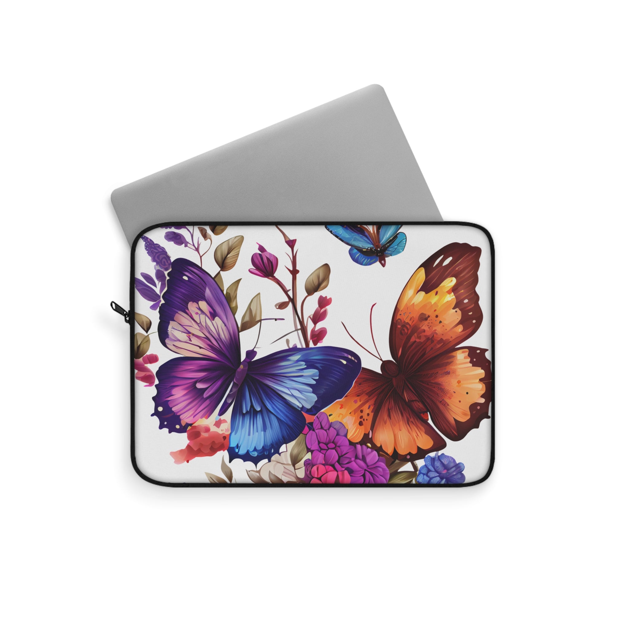 Butterfly Floral Laptop Sleeve — Vibrant Blue & Orange Butterflies, Protective Neoprene Cover