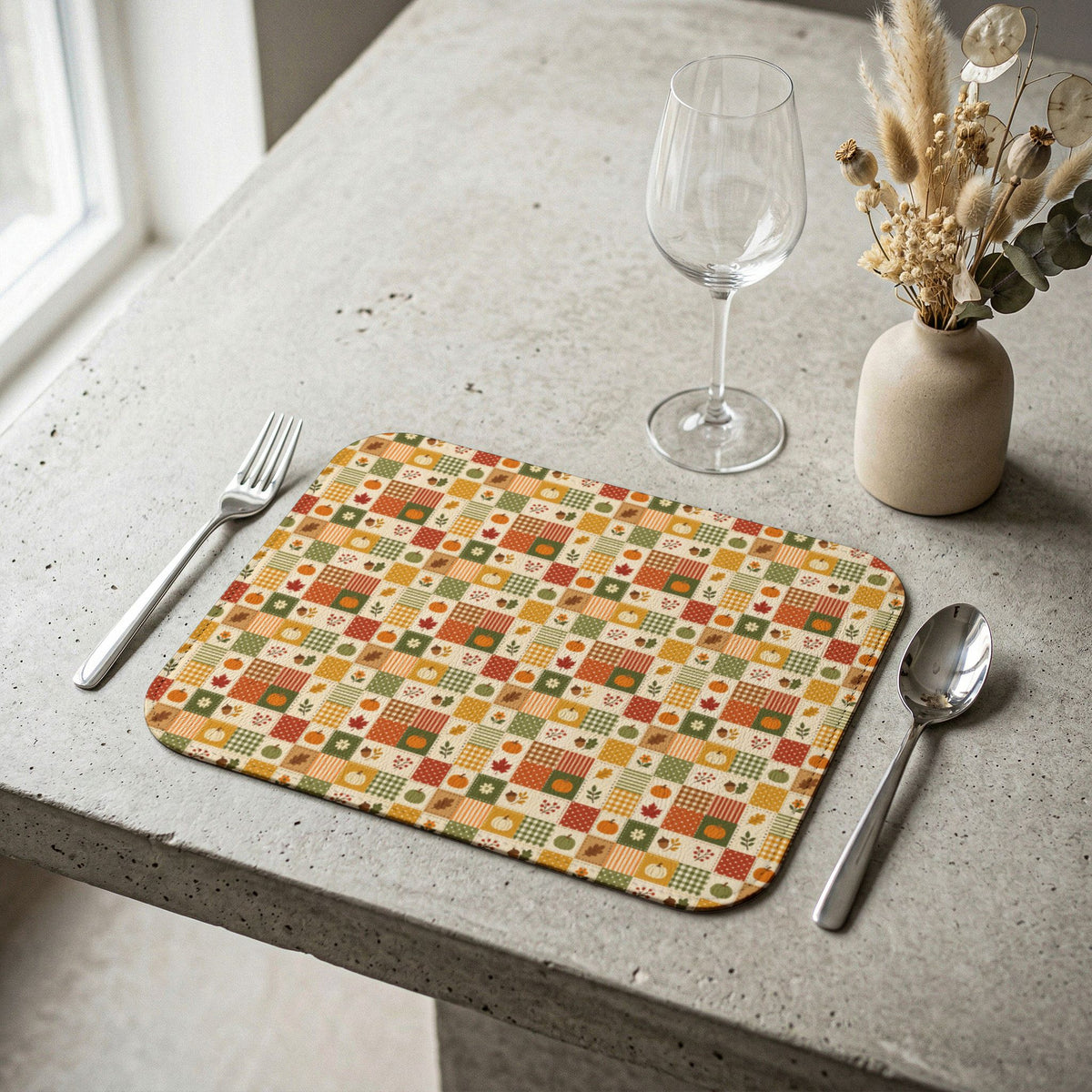Thanksgiving Fall Halloween Pumpkin Patchwork Pattern LEATHER Placemat - Table Decor