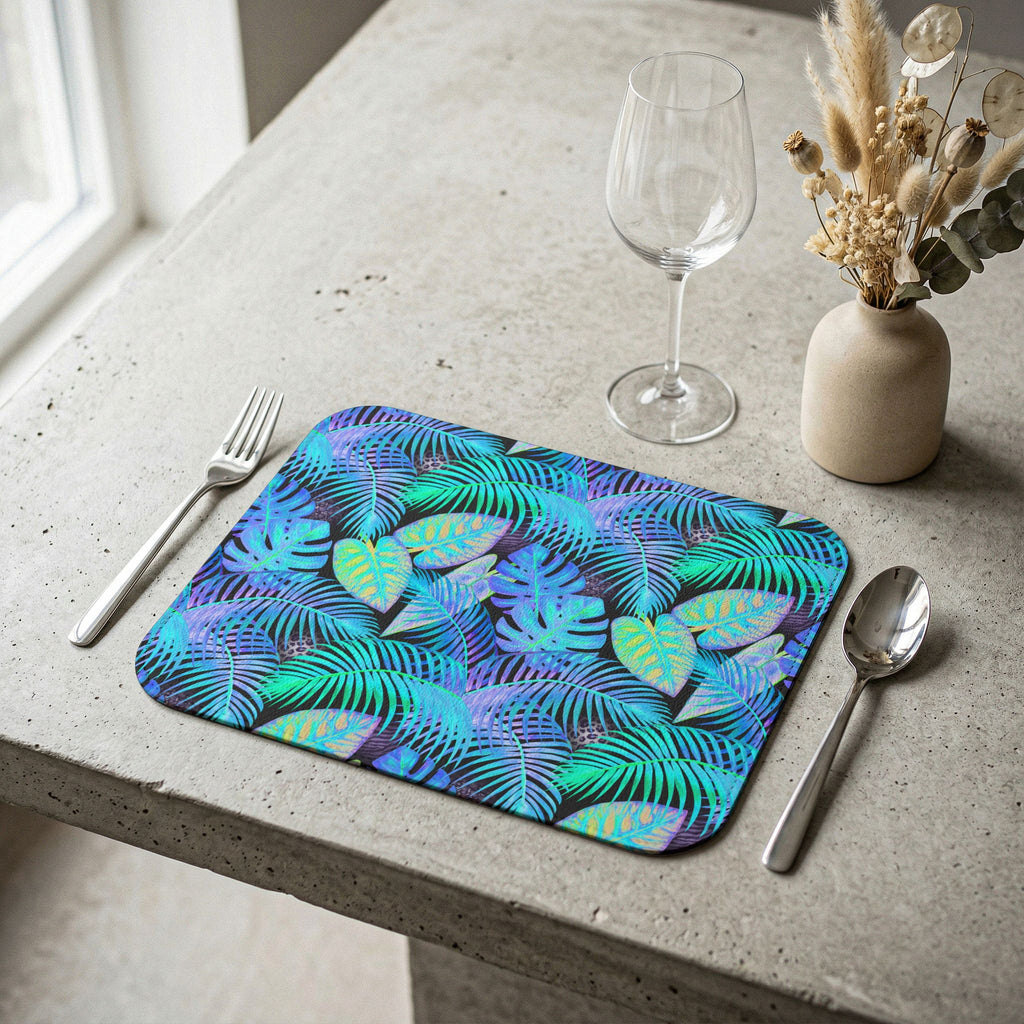 Watercolor abstract neon summer tropical plants Leather Placemat - Table Decor