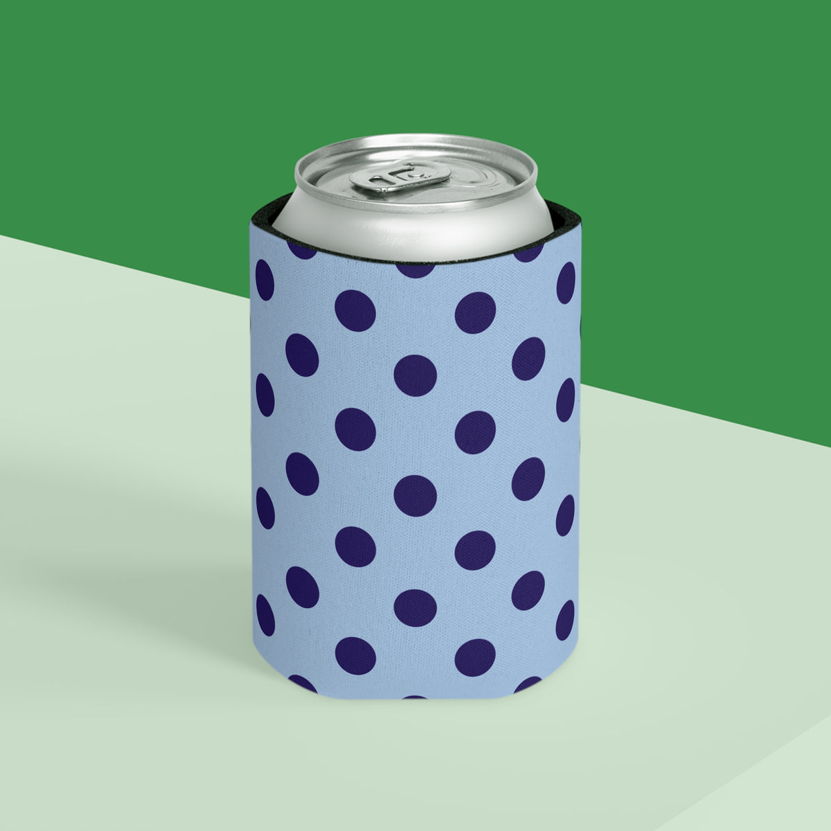 Pastel Blue & Navy Polka Dot Design Can Cooler