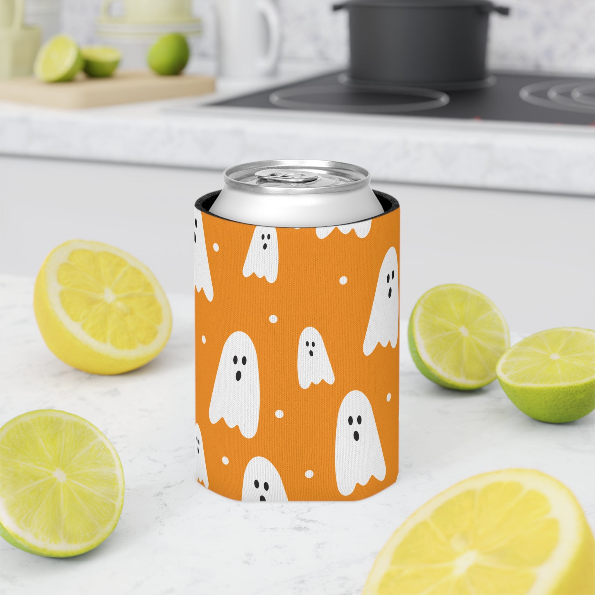Ghost Halloween Can Cooler –Fall Autumn Beverage Orange White