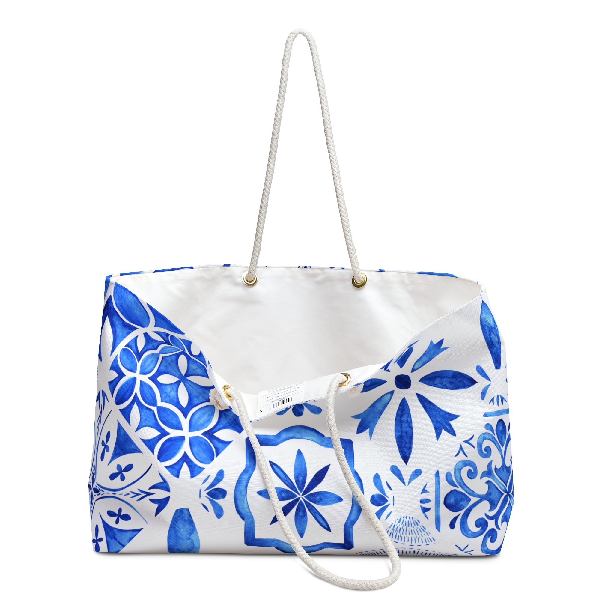 Blue Mediterranean Tile Weekender Bag — Large Travel or Beach Tote