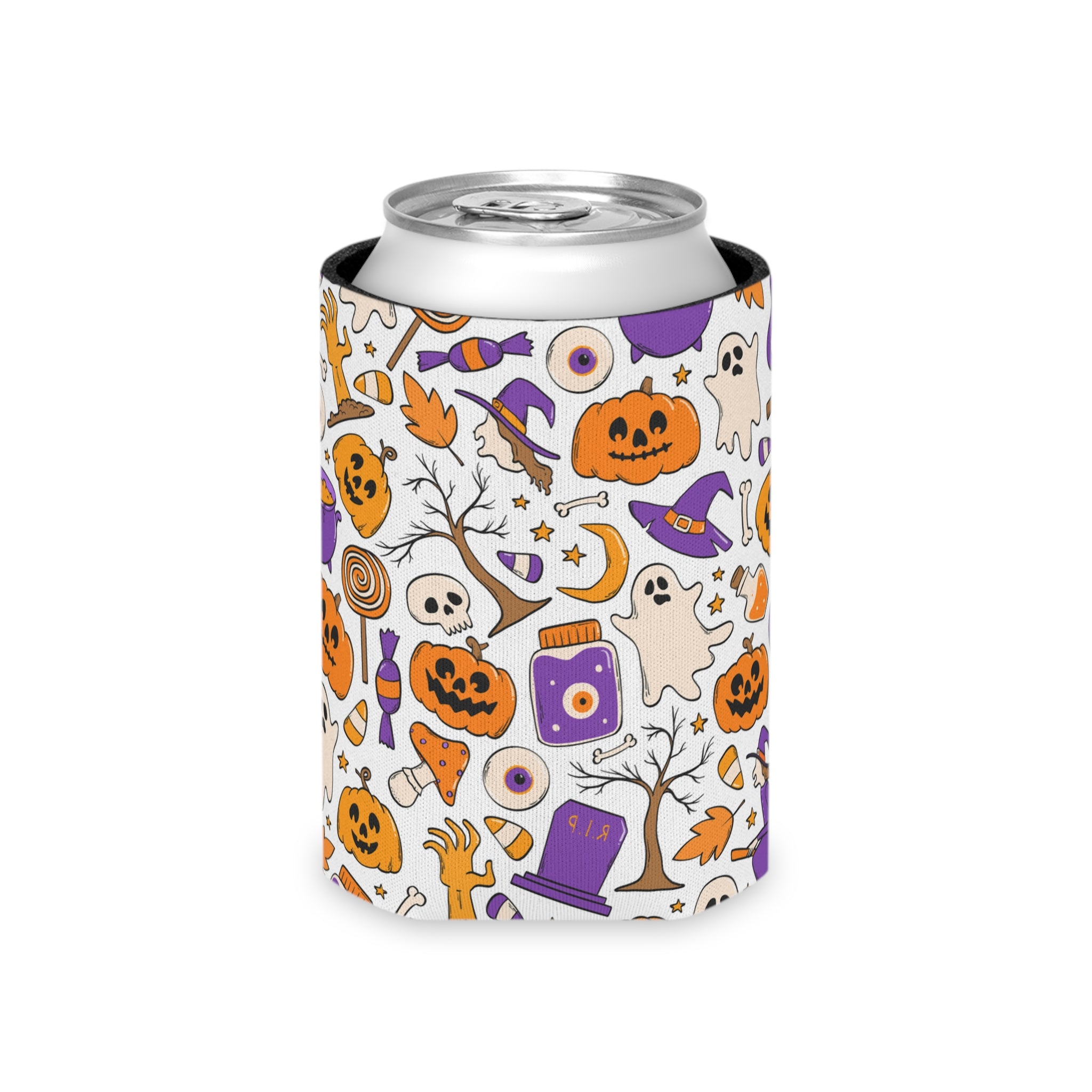 Purple Orange Pumpkin Witch Halloween Can Cooler –Fall Autumn Beverage
