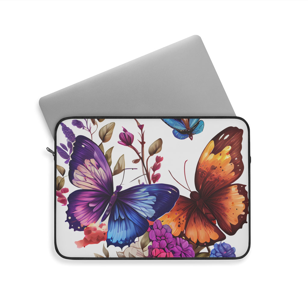 Butterfly Floral Laptop Sleeve — Vibrant Blue & Orange Butterflies, Protective Neoprene Cover