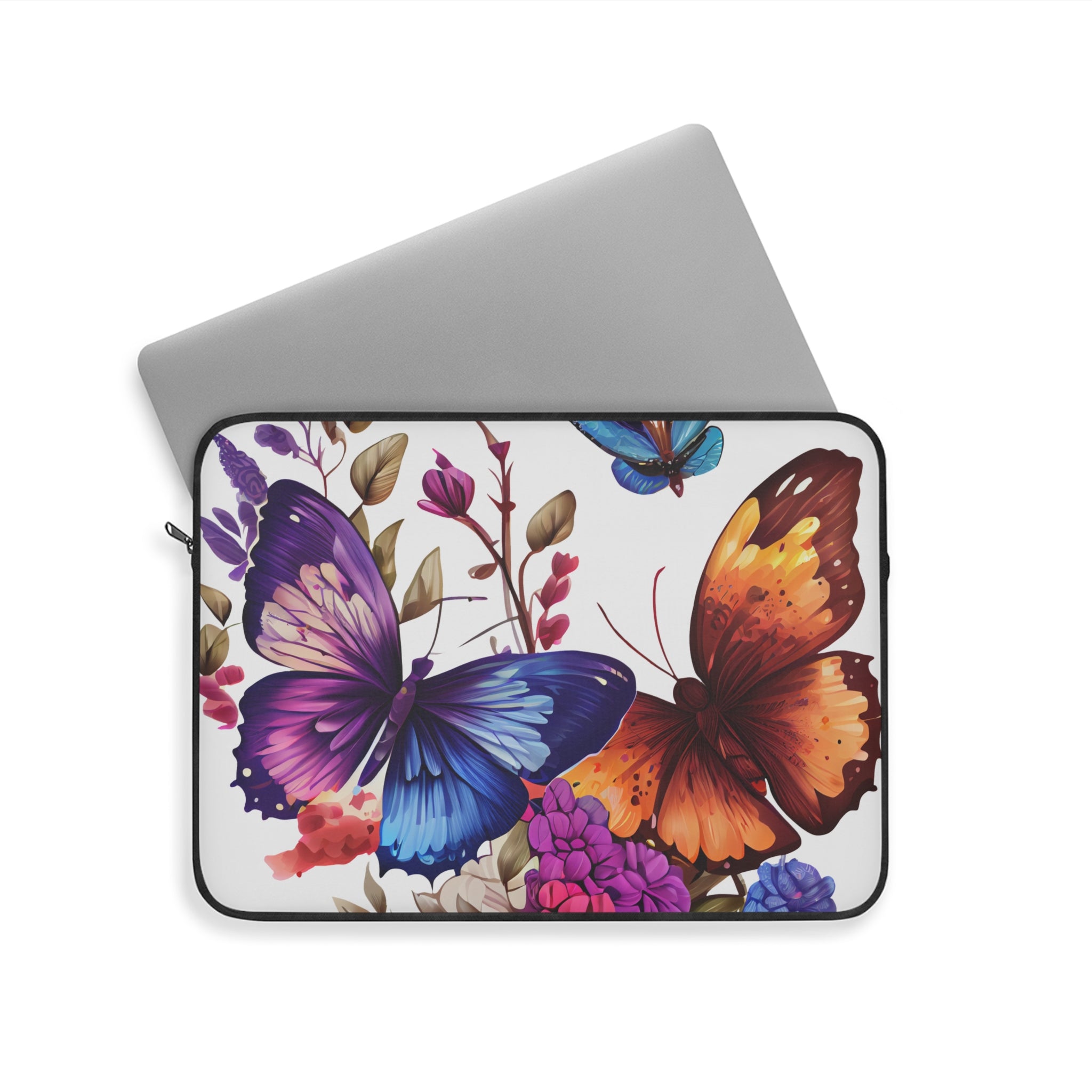 Butterfly Floral Laptop Sleeve — Vibrant Blue & Orange Butterflies, Protective Neoprene Cover
