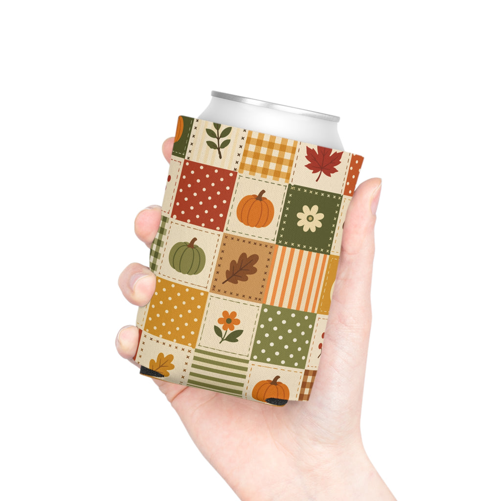 Orange Pumpkin Patchwork Halloween Can Cooler –Fall Autumn Halloween