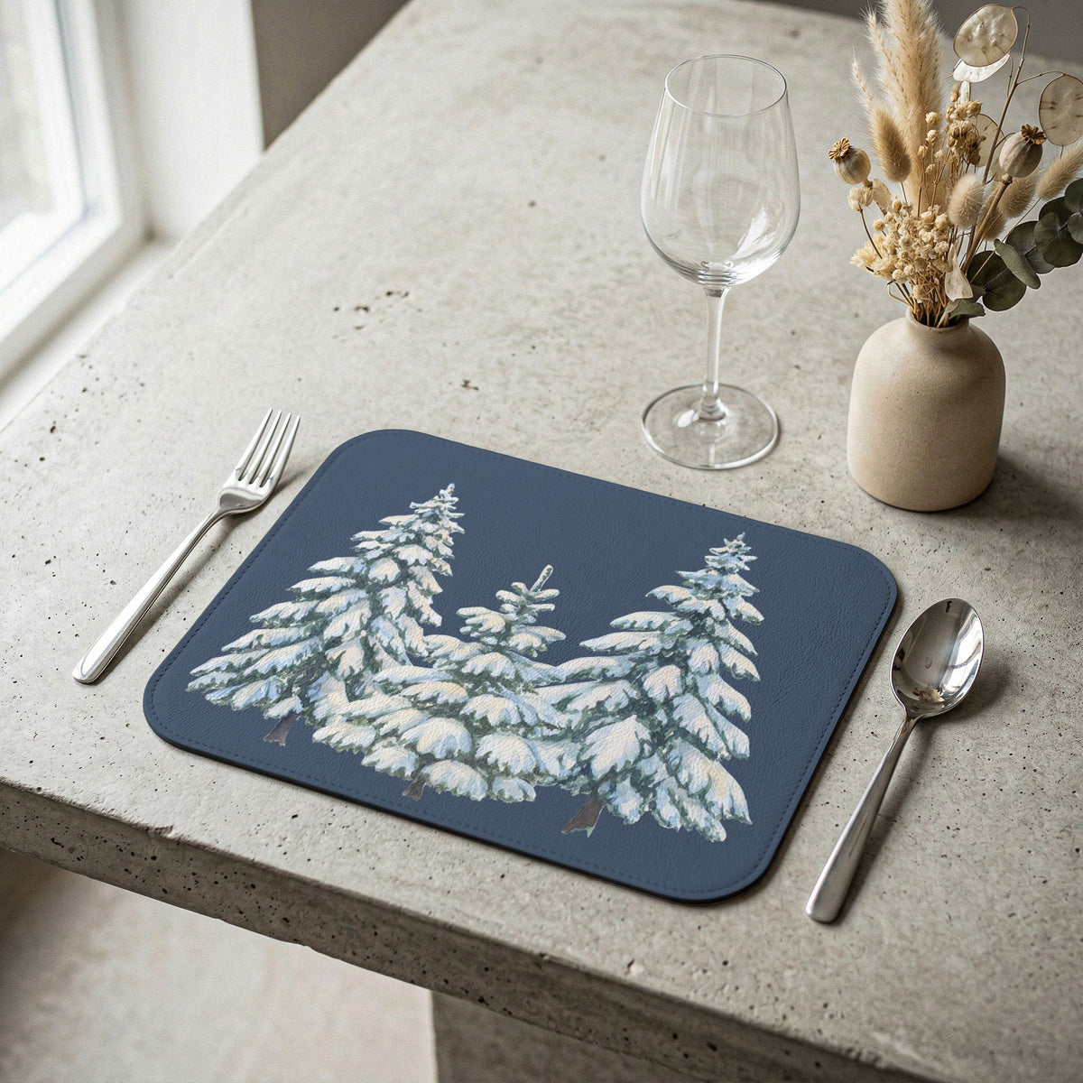 Snowy Blue Pine Leather Placemat — Winter Table Decor