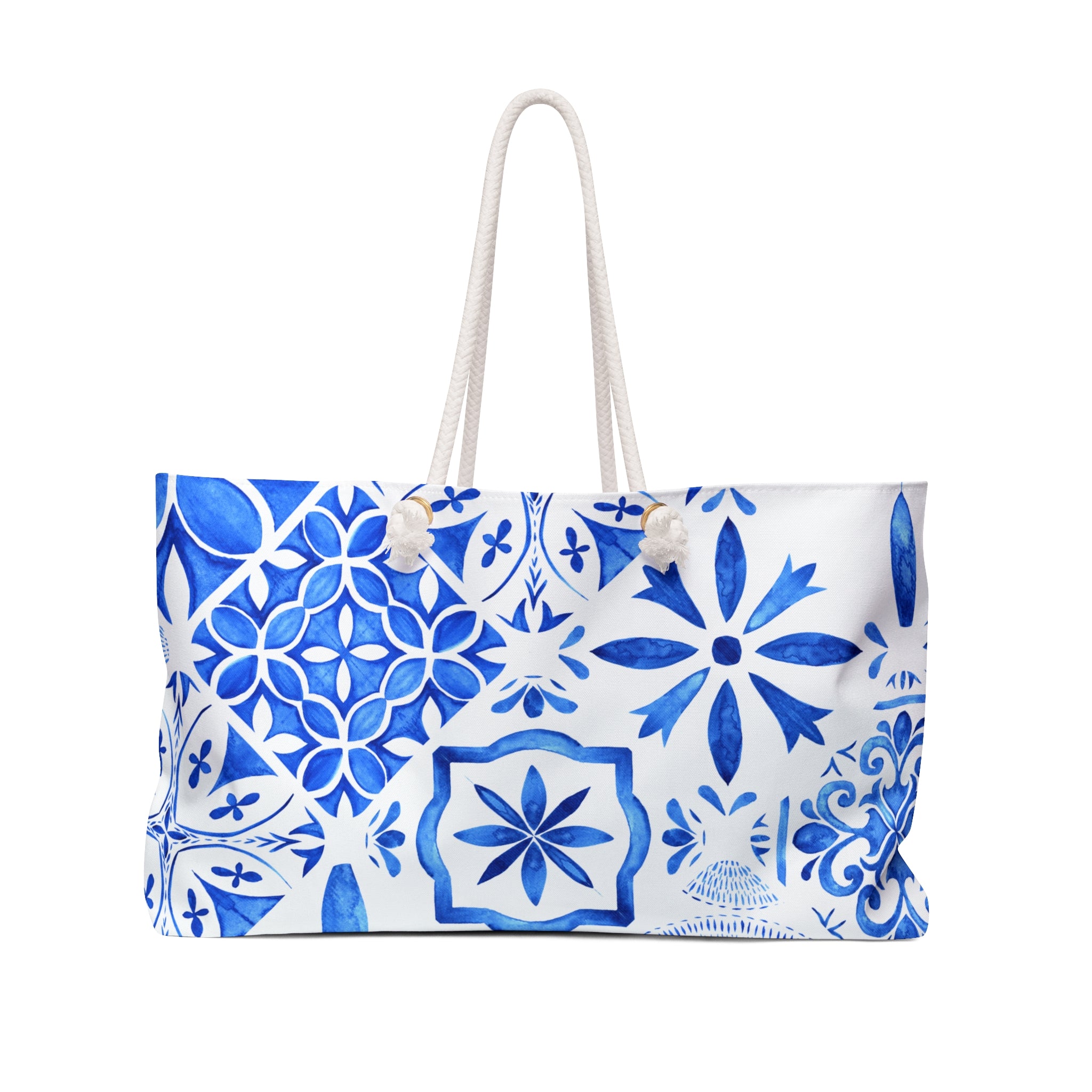 Blue Mediterranean Tile Weekender Bag — Large Travel or Beach Tote