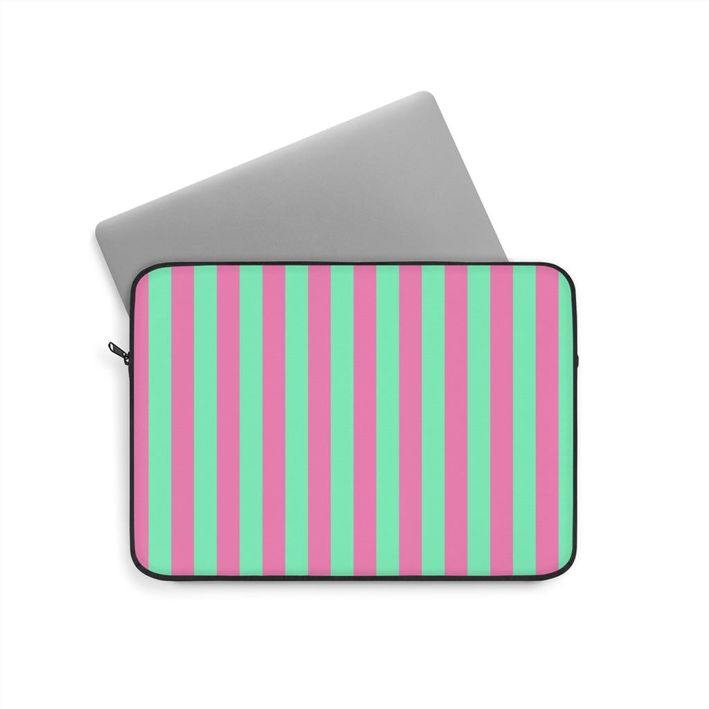 Pink Green Pinstripe Laptop Sleeve - Protective Neoprene Cover