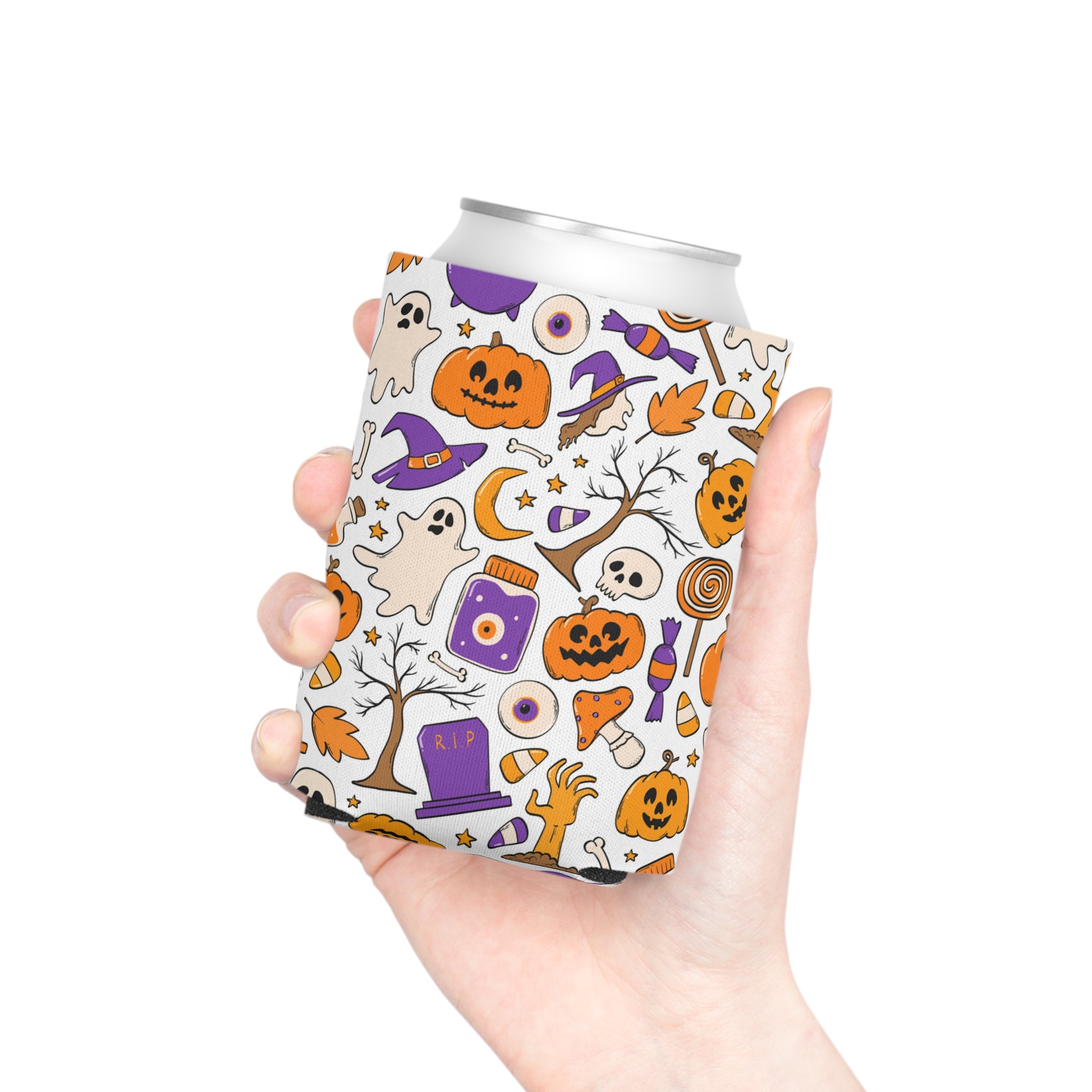 Purple Orange Pumpkin Witch Halloween Can Cooler –Fall Autumn Beverage