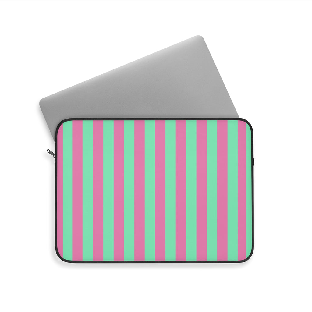Pink Green Pinstripe Laptop Sleeve - Protective Neoprene Cover