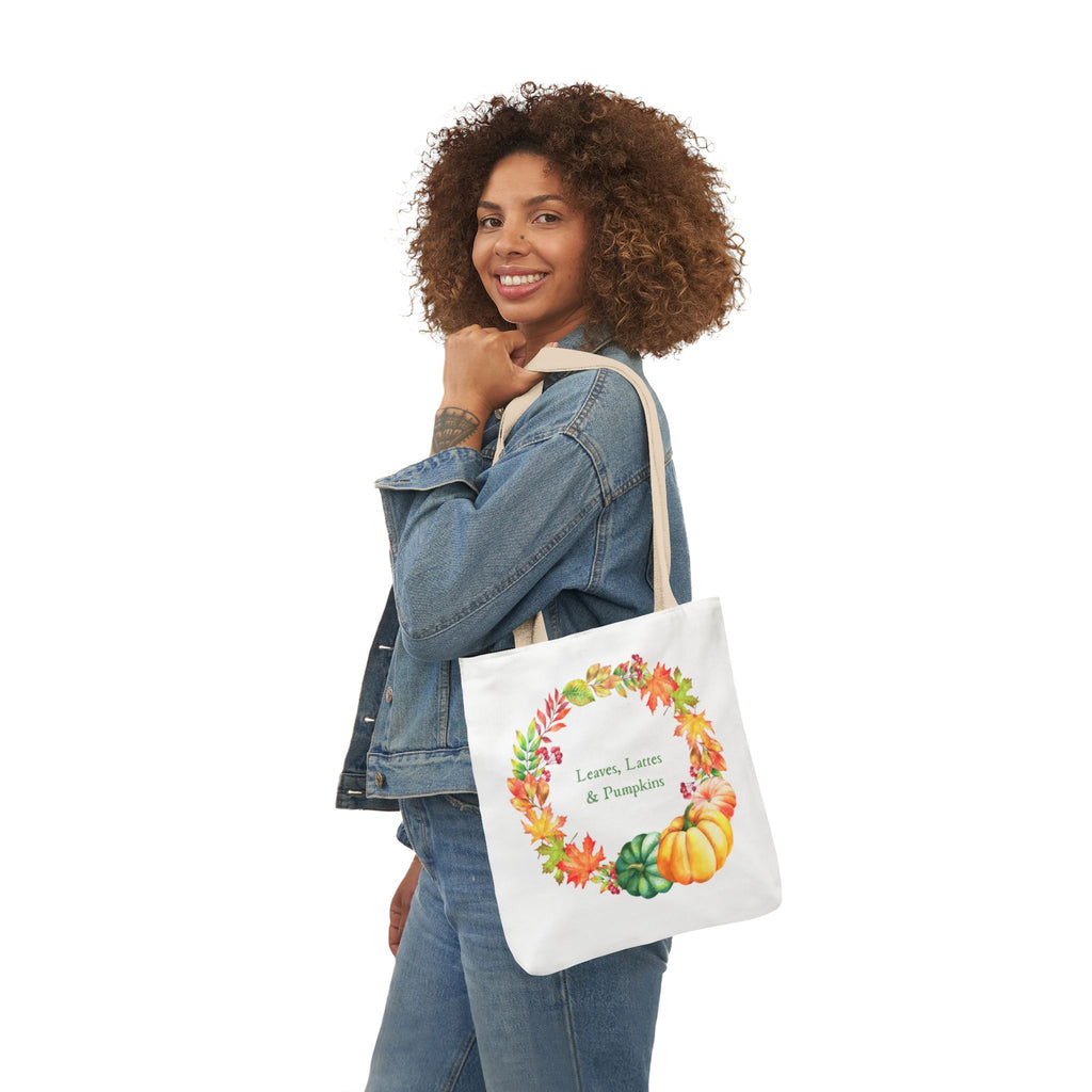 Halloween Canvas Tote Bag — Leaves Lattes & Pumpkins Beach-Ready Shopper