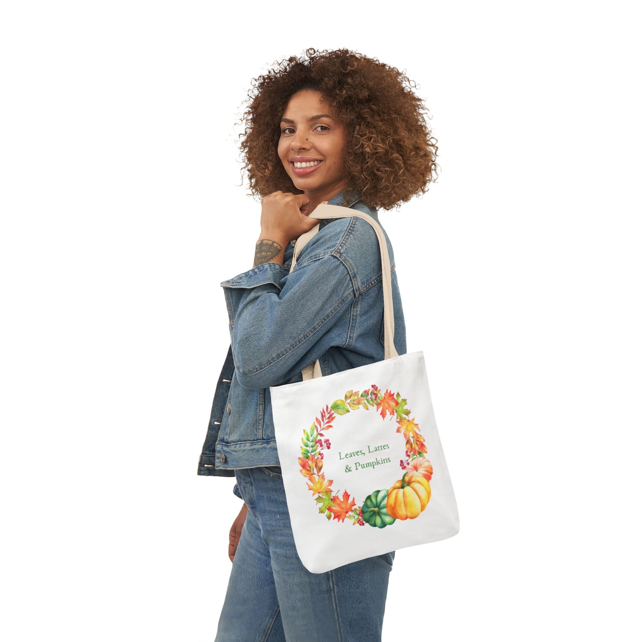 Halloween Canvas Tote Bag — Leaves Lattes & Pumpkins Beach-Ready Shopper