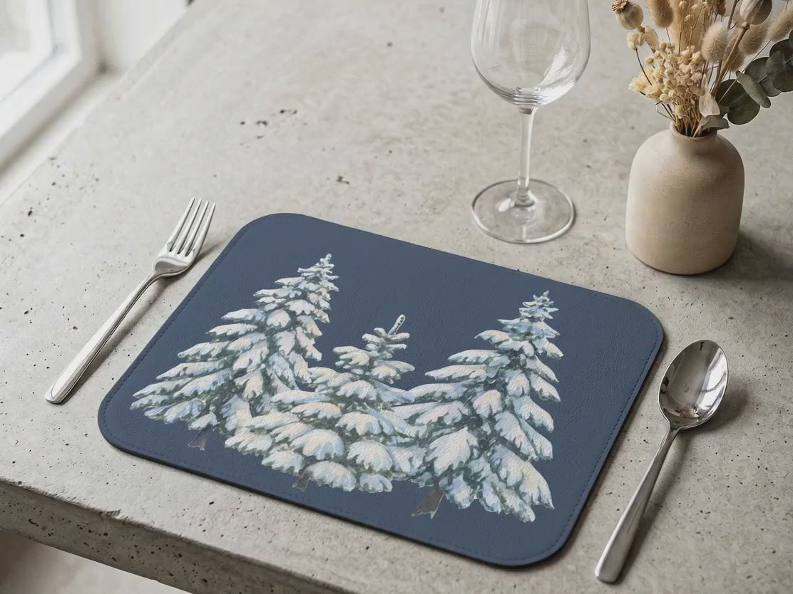 Snowy Blue Pine Leather Placemat — Winter Table Decor